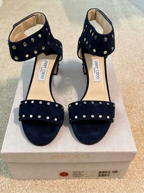 Jimmy Choo Navy Suede Studded Ankle-Strap Heels
